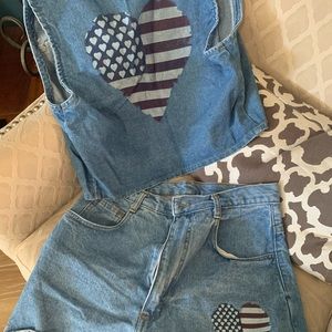 VINTAGE denim jeans American flag heart shorts and vest.
